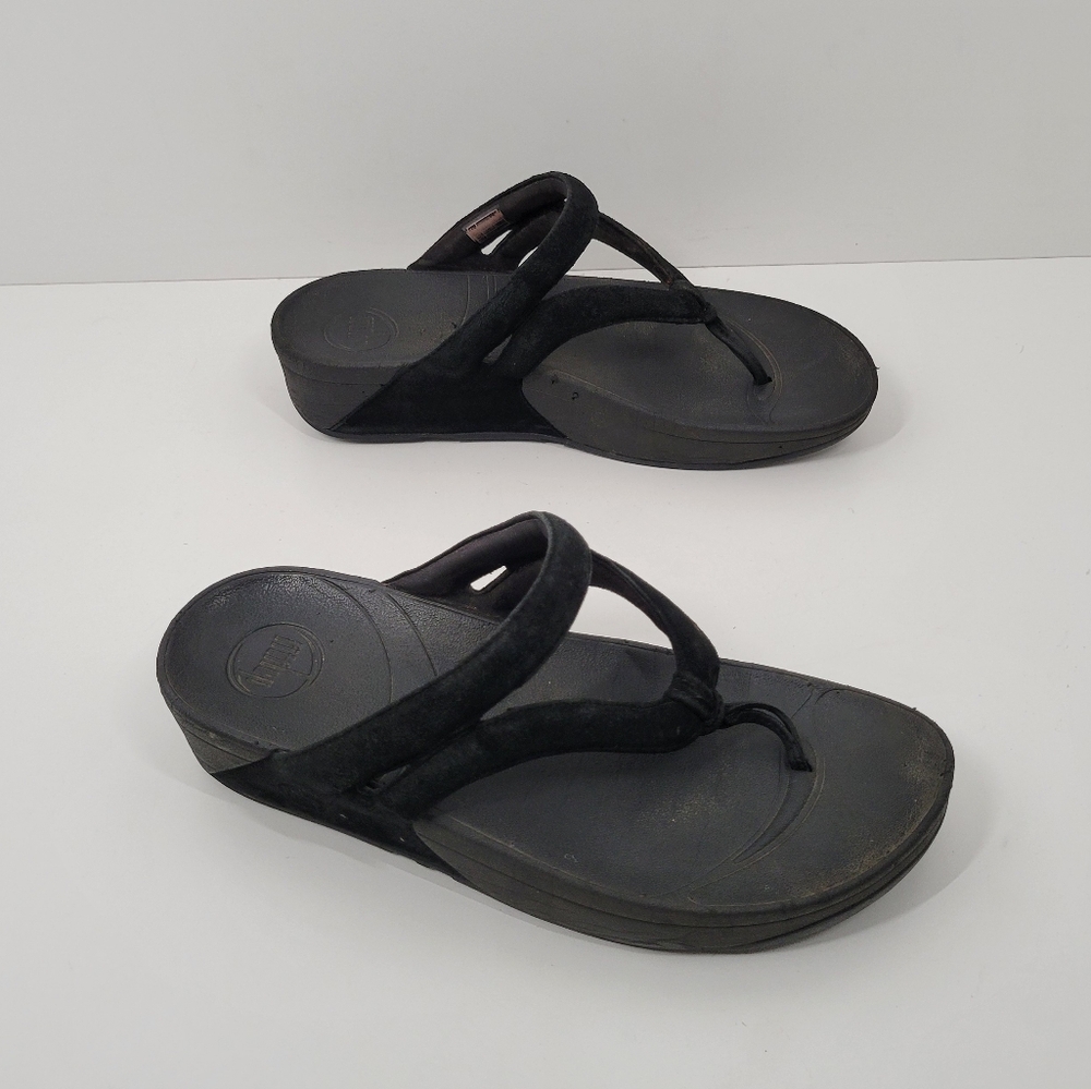 Fitflop Whirl Black Velvet Wedge Comfort FlipFlop Sandals Women Size 8